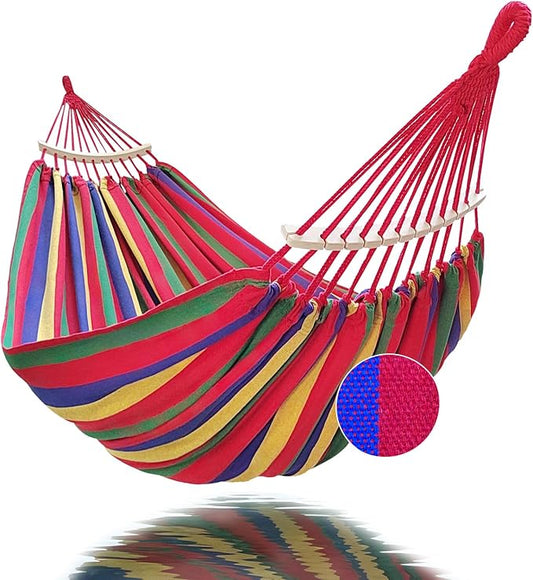 GOCAN Double Hammock 2 Person Extra Large 220x160cm Total Length 330cm Load 500lb Canvas Cotton Hammock for Patio Porch Garden Backyard Lounging Outdoor and Indoor with Removable Spreader bar