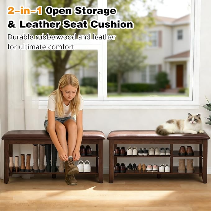 PY HOME & SPORTS Shoe Rack for Entryway 47": 2-Tier Shoe Storage Bench, Adjustable/Removable Shelves, Rubberwood Shoe Benches for Hallway, Porch, Bathroom, Brown