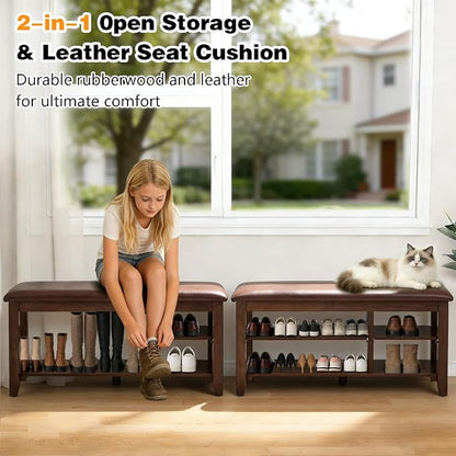PY HOME & SPORTS Shoe Rack for Entryway 47": 2-Tier Shoe Storage Bench, Adjustable/Removable Shelves, Rubberwood Shoe Benches for Hallway, Porch, Bathroom, Brown