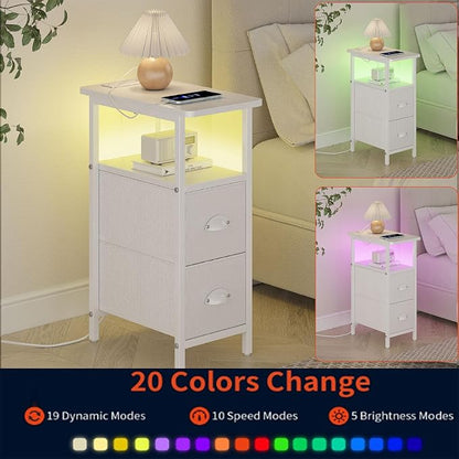 sthmec Narrow End Table with Charging Station, Narrow Side Table with 2 Fabric Drawers, LED End Table, Slim Nightstand with LED Light, Small Side Table for Small Spaces, Living Room, Bedroom, White