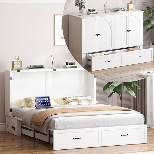 PUREMIND Murphy Bed Queen with Mattress Included, Arched Frame Cabinet Beds Chest with Charging Station & Storage Drawers, Convertible Hideaway Cabinet Bed for Guest Room, White