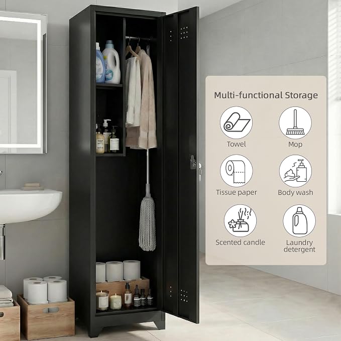 Slim Broom Closet Storage Cabinet, Black Metal Cabinets with Lock and & S-Hooks, Cleaning Supply Cabinet, Utility Closet Cabinets for Garage, Office, Laundry Room