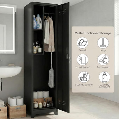 Slim Broom Closet Storage Cabinet, Black Metal Cabinets with Lock and & S-Hooks, Cleaning Supply Cabinet, Utility Closet Cabinets for Garage, Office, Laundry Room