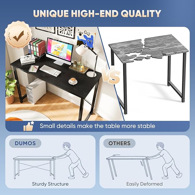 DUMOS 55 Inch Computer Desk for Home Office, Modern Study Work Table Simple Style for Bedroom Small Space, Large Writing Desks with X-Shaped Reinforcement, Black