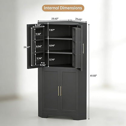 Corner Cabinet, Metal Storage,Kitchen Pantry Cabinet with Adjustable Shelves & Spice Rack, Tall Freestanding Corner Pantry with Shaker Doors & Gold Handles for Kitchen, Bathroom, Living Room (Black)