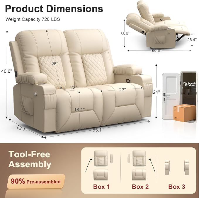 RV Loveseat Recliner Sofa, Reclining Loveseat Wall Hugger Recliners with USB Ports, Cup Holders, Insert Pockets, RV Recliners for Travel Trailers & Living Room, RV Furniture | RV Couch | Beige