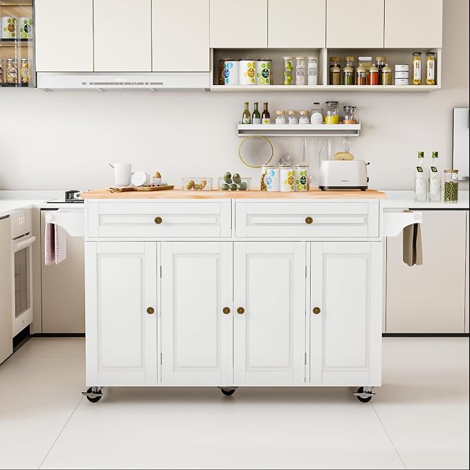59 Kitchen Island Cart with Drop Leaf Breakfast Bar, Rolling Mobile Kitchen Island Table on Wheels with Storage Cabinet, Drawer, Spice/Towel Rack, White