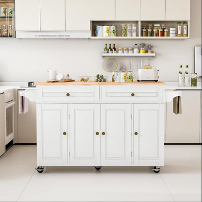 59 Kitchen Island Cart with Drop Leaf Breakfast Bar, Rolling Mobile Kitchen Island Table on Wheels with Storage Cabinet, Drawer, Spice/Towel Rack, White