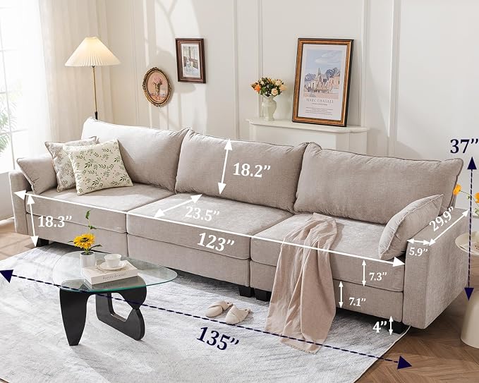 135'' Modular Sectional Couch with All Seats Storage,Oversized 3-Seater Comfy Sofa with 7.8'' Upholstered Cushion,Big Couches with Throw Pillows for Living Room,Bedroom,Chenille,Khaki