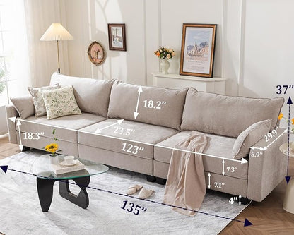 135'' Modular Sectional Couch with All Seats Storage,Oversized 3-Seater Comfy Sofa with 7.8'' Upholstered Cushion,Big Couches with Throw Pillows for Living Room,Bedroom,Chenille,Khaki