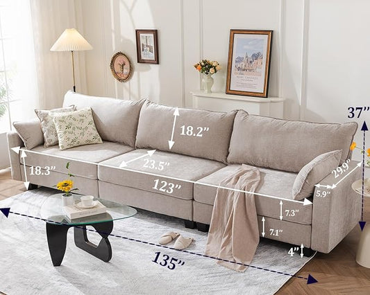 135'' Modular Sectional Couch with All Seats Storage,Oversized 3-Seater Comfy Sofa with 7.8'' Upholstered Cushion,Big Couches with Throw Pillows for Living Room,Bedroom,Chenille,Khaki