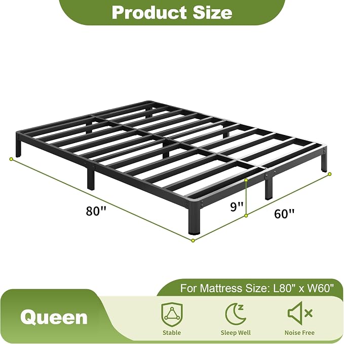 Yicensen 9 Inch Queen Bed Frame Rounded Corner Legs No Box Spring Needed, Heavy Duty Metal Queen Size Platform Bed Frame, Easy Assembly, Noise Free, Black