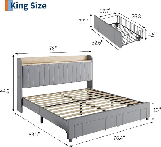 Garvee Upholstered Bed Frame King Size with Storage Headboard and Charging Station, Platform Bed Frame with Drawers, Heavy Duty, No Box Spring Needed, Easy Assembly, Light Grey