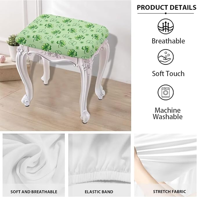 Footstool Cover Rectangle Lucky Green Leaf Vanity Stool Cover Rectangle 2 Pack Valentines Decorations Chair Covers for Dining Counter Height Bar and Holiday Party Decor