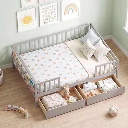 Giantex Full Kids Bed with Storage Drawers, Wood Montessori Bed with Rails & Side Shelf, Low Daybed Bed Frame for Boys Girls, No Box Spring Needed (Grey)