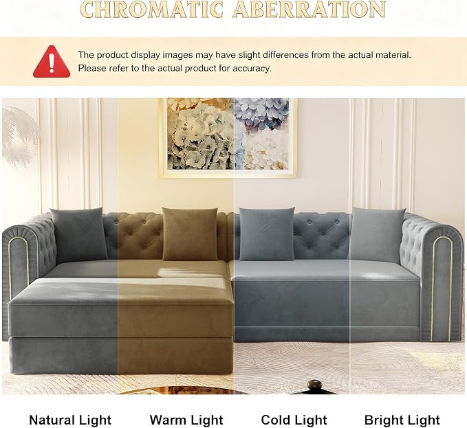 90.6'' Futon Sofa Bed, Chesterfield Velvet Sleeper Sofa, Convertible Floor L-Shaped Couch, Tufted Back, 4 Pillows, Gold Edge Trim, Deep Loveseat Couches for Living Room, Apartment, Gold Grey