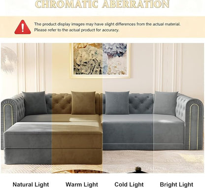 90.6'' Futon Sofa Bed, Chesterfield Velvet Sleeper Sofa, Convertible Floor L-Shaped Couch, Tufted Back, 4 Pillows, Gold Edge Trim, Deep Loveseat Couches for Living Room, Apartment, Gold Grey