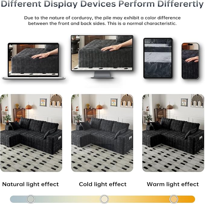Cloud Boneless Sectional Couches with Oversized Chaise for Living Room, Modular L Shaped Couch with Deep Seat, Memory Foam Compressed 3 Seater Sofa for Apartment