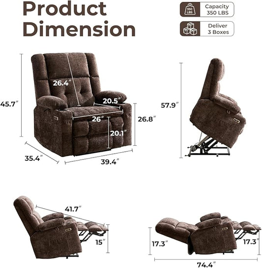 Oversized Power Recliner Chair for Elderly with Massage and Heat, Dual Motor Lay Flat Recliner with Arm Storage，Lift Chair for Big Tall, Infinite Position,Extended Footrest, Coffee