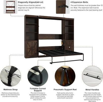 Hlivelood Full Size Murphy Bed w/2 Storage Cabinet&2 LED Light, Farmhouse Wood Hidden Foldable Wall Bed Frame, Storage Bed Cabinet for Bedroom, Office, Space-Saving, No Box Spring Needed, Brown