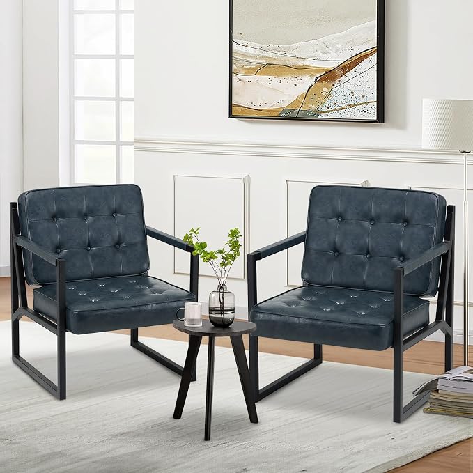 COLAMY Modern Accent Chair, Accent Arm Chair for Living Room, Comfy Leather Armchair with Metal Legs for Bedroom Reception Waiting Room, Blue