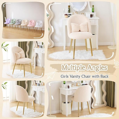 VINGLI Boucle Girls Vanity Chair with Back & Pillow,Cute Small Cozy Desk Chair No Wheels,Comfy Makeup Ch with Ajustable Gold Legs,for Bedroom,Living Room,Small Space,Khaki