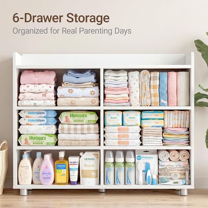 MAMAZING Keeva Pro 6-Drawer Baby Dresser with Changing Table, Easy Assembly | White Wooden Nursery Dresser, Anti-Tip Design & Adjustable Feet, Dresser for Bedroom, Kids & Toddler Storage, 44" Wide