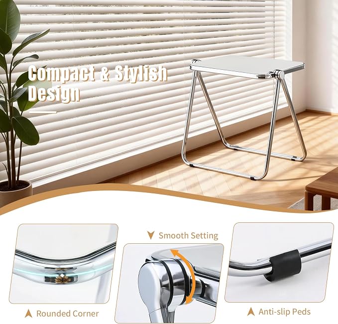 Acrylic Folding Table - Modern TV Tray Dinner Table for Eating on Couch - Small Folding Table Foldable Computer Desks Space-Saving with Chrome Frame No Assembly Required -White
