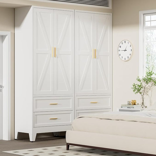 COFaR Metal Wardrobe Cabinet, 71 Farmhouse Armoire Wardrobe Closet with Rods, 2 Barn Doors, Adjustable Shelves, Steel with 2 Drawer Bedroom armoires, White