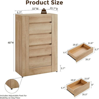 OKD 5 Drawer Dresser for Bedroom, 48" Tall Dresser Chest of Drawers with Thick Wood Design, Handleless, Modern Bedroom Dresser, Storage Organizer for Living Room/Entryway, Natural Oak