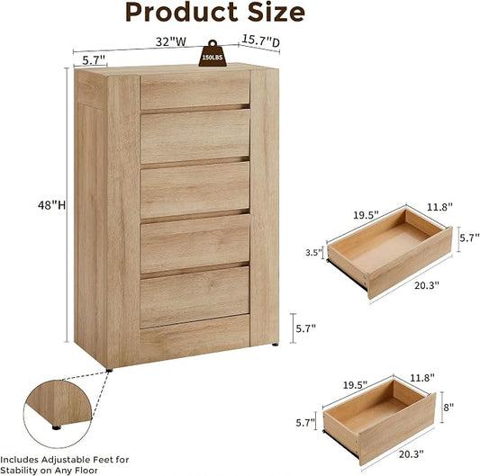 OKD 5 Drawer Dresser for Bedroom, 48" Tall Dresser Chest of Drawers with Thick Wood Design, Handleless, Modern Bedroom Dresser, Storage Organizer for Living Room/Entryway, Natural Oak