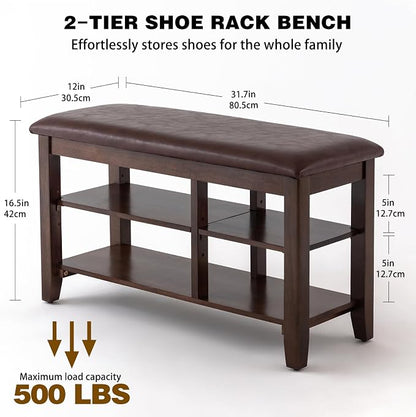 PY HOME & SPORTS Shoe Rack for Entryway 31.5": 2-Tier Shoe Storage Bench, Adjustable/Removable Shelves, Rubberwood Shoe Benches for Hallway, Porch, Bathroom, Brown