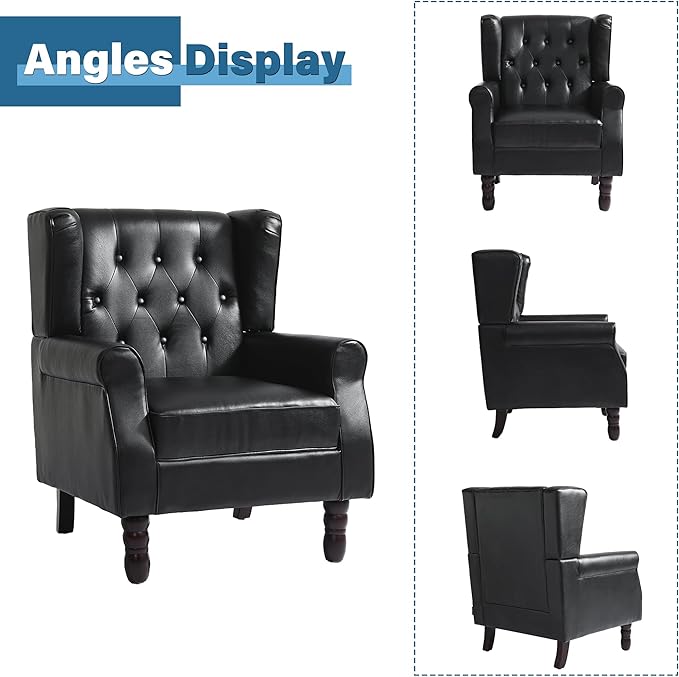 High Back Accent Chairs Set of 2, Faux Leather Wingback Chair for Living Room, Button-Tufted Upholstered Armchair with Solid Wood Legs, Comfy Single Sofa Reading Chair for Bedroom, Black