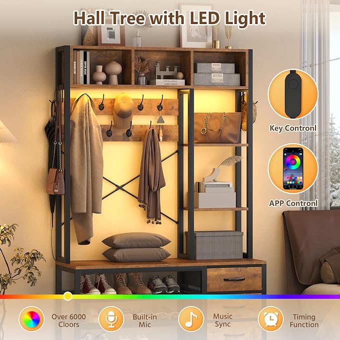 39.4'' Hall Tree with Bench and Shoe Storage, Entryway Bench with Coat Rack, 25-in-1 Tall Hall Tree with Led Lights (Rustic)