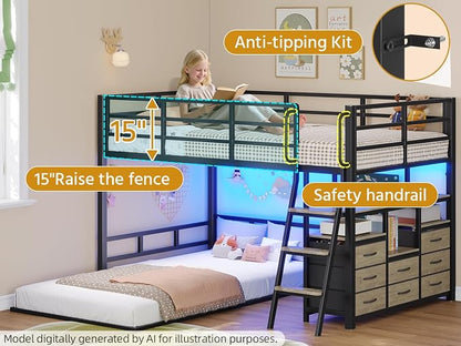 busyaeh Bunk Bed Twin Over Twin, 8 Drawer & 4 Shelve，15" H Safety Guardrail | Low Bunk Bed with LED Light,Metal L-Shaped Twin Bunk Bed with Charging Station,Floor Bunk Bed with Ladder,Bunk Bed,Oak Gray