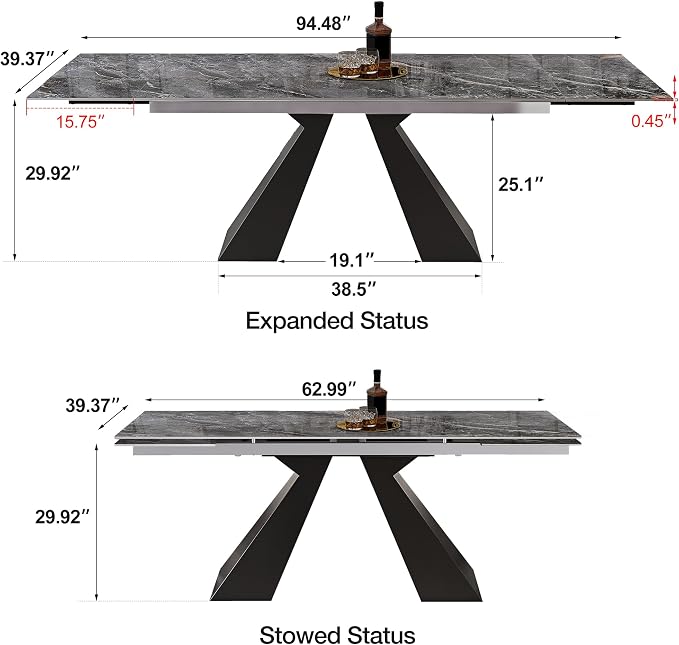 Telescoping Faux Marble Table 63-94.49" Adjustable Length 8-10 People Heavy Duty Carbon Steel Base for Kitchen Dining Room Family Party (62.99''-94.48'' Bonnes)