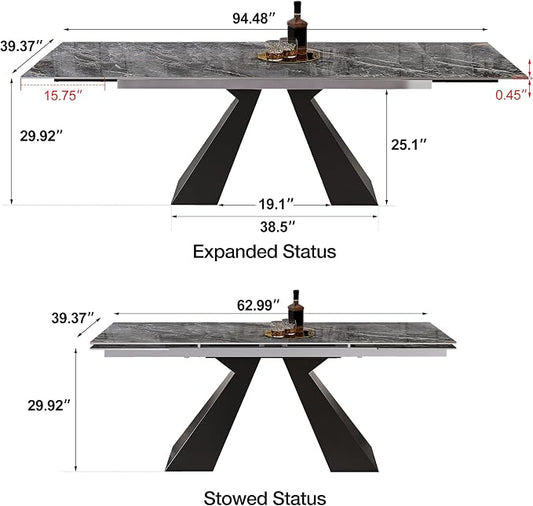 Telescoping Faux Marble Table 63-94.49" Adjustable Length 8-10 People Heavy Duty Carbon Steel Base for Kitchen Dining Room Family Party (62.99''-94.48'' Bonnes)