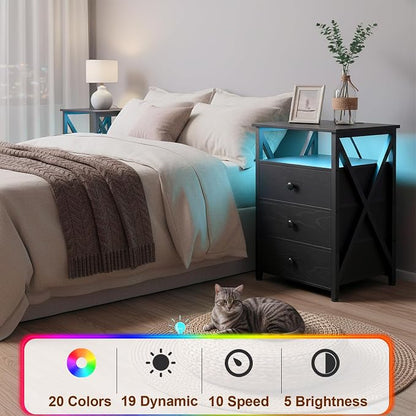 AMHANCIBLE Nightstands Set of 2, LED Night Stand with Charging Station, End Side Tables with USB Port & Outlet, Bedside Table with Fabric Drawers for Bedroom, Black, HET053LBK