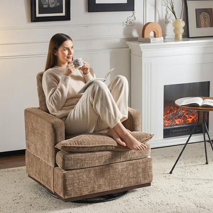 VINGLI 360° Swivel Accent Chair with Double-Layer Seat Cushions, Modern Swivel Armchair, Upholstered Square Club Chair for Living Room, Bedroom, Reading Room, Chenille Khaki