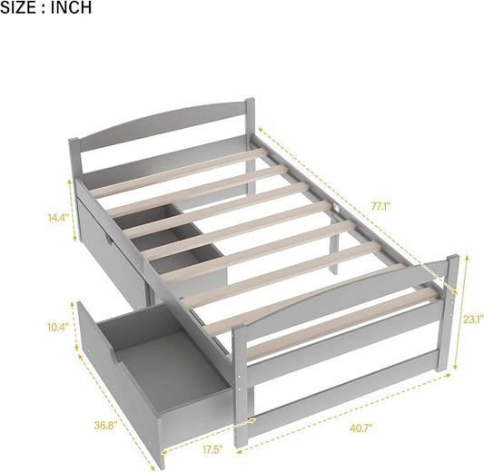 Merax Classic Solid Wood Day Bed with Storage Drawers Platform Bed for Living Room Beedroom Twin Grey