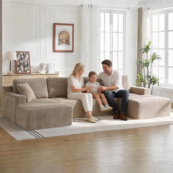 130" U-Shaped Modular Sectional Sofa with Chaise, Boneless Corduroy Flexible Module Seating for Living Room, Cloud Couch with Cup Holders and Side Pockets, No Assembly (Taupe)