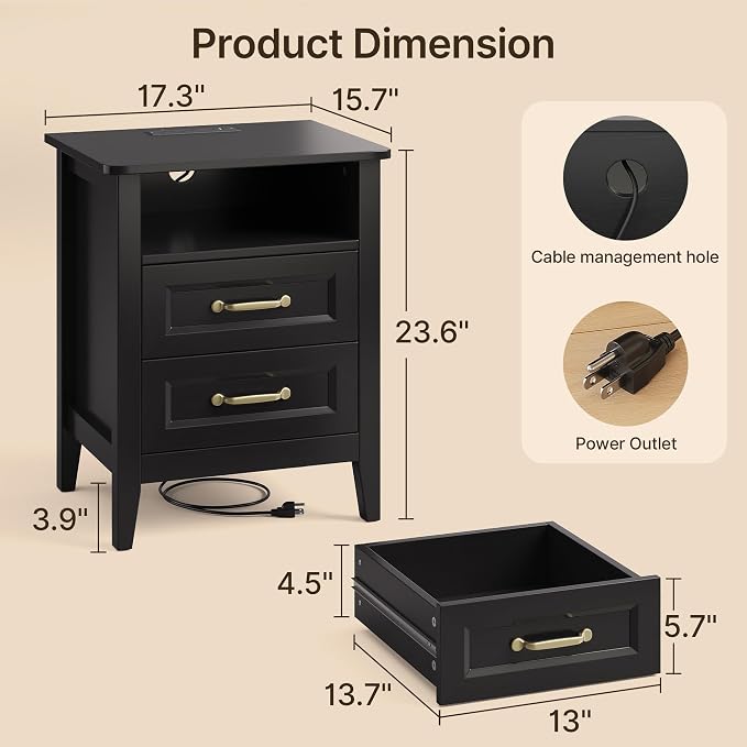 Gizoon 3PC Bedroom Furniture Set, 7 Chest of Drawers & 2 Nightstands with Charging Station, USB Type-C Outlet, Farmhouse Bedside Table Combo, Black Bedroom Set