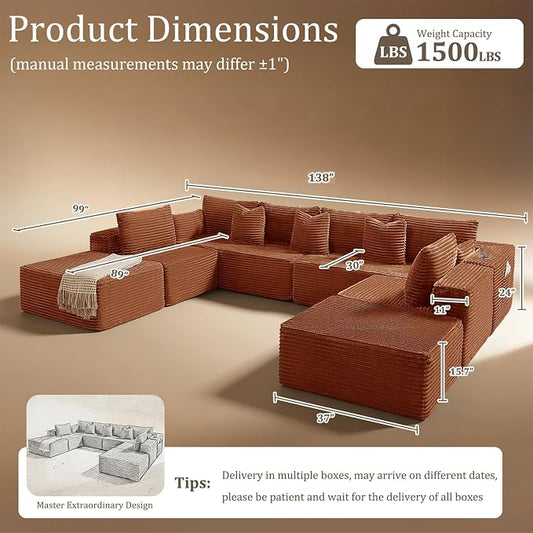 138" Cloud Sectional Couch, Comfort U Shaped Sofa for Living Room, Extra Deep Seats No Assembly, Minimalist Modular Couch, Corduroy (Deep Orange, 8 Seats,U-Shape A)