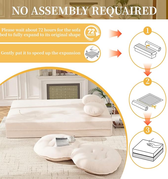 75” Full Size Convertible Sleeper Sofa Bed, Boneless Folding Futon Loveseat Sofa with 2 Pillows, High Density Foam Compressed Foldable Guest Couch for Living Room Apartment (Beige Teddy Velvet)