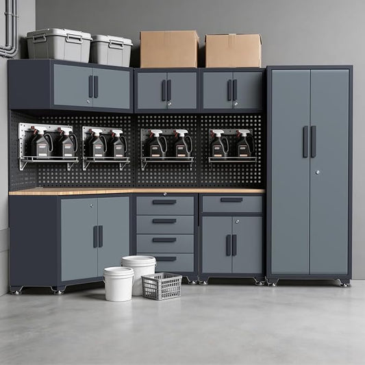 16PCS Garage Storage Cabinet System - Heavy Duty Workshop Set w/Corner Cabinet Includes Workbench, Pegboard & Lockable Drawers | Metal Tool Organization System for Garage/Workshop