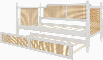 Merax Twin Size Rattan Bed Frame with Twin Size Trundle, Wood Bedframe Daybed for Bedroom, Guest Room, Limited Space, No Box Spring Needed, Antique White