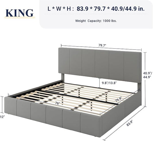 Allewie King Size Dutch Velvet Upholstered Platform Bed Frame/Vertical Channel Tufted Adjustable Headboard/Low Profile Bed Frame/No Box Spring Needed/Easy Assembly/Grey