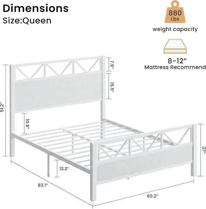 LIKIMIO Queen Bed Frame, Tall Modern Headboard 51.2 ", Platform Bed Frame with Strong Metal Support, Solid and Stable, Noise Free, No Box Spring Needed, Easy Assembly, White