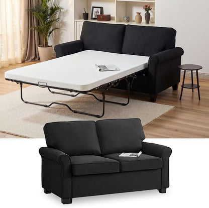 Pull Out Sofa Bed with Mattress, 57" Convertible Sofa Bed Loveseat, Twin Sleeper Sofa Couch with Pocketed Coil Seating, Upholstered Fabric Sofa Bed for Small Spaces,Black