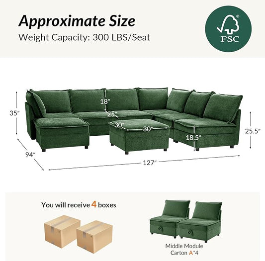 HULALA HOME Oversized Modular Sectional Sofa, 8 Seat U Shaped Couch with Storage Ottoman, Comfy Chenille Sofa with Deep Seat, Convertible Sectional Couches for Living Room, Green